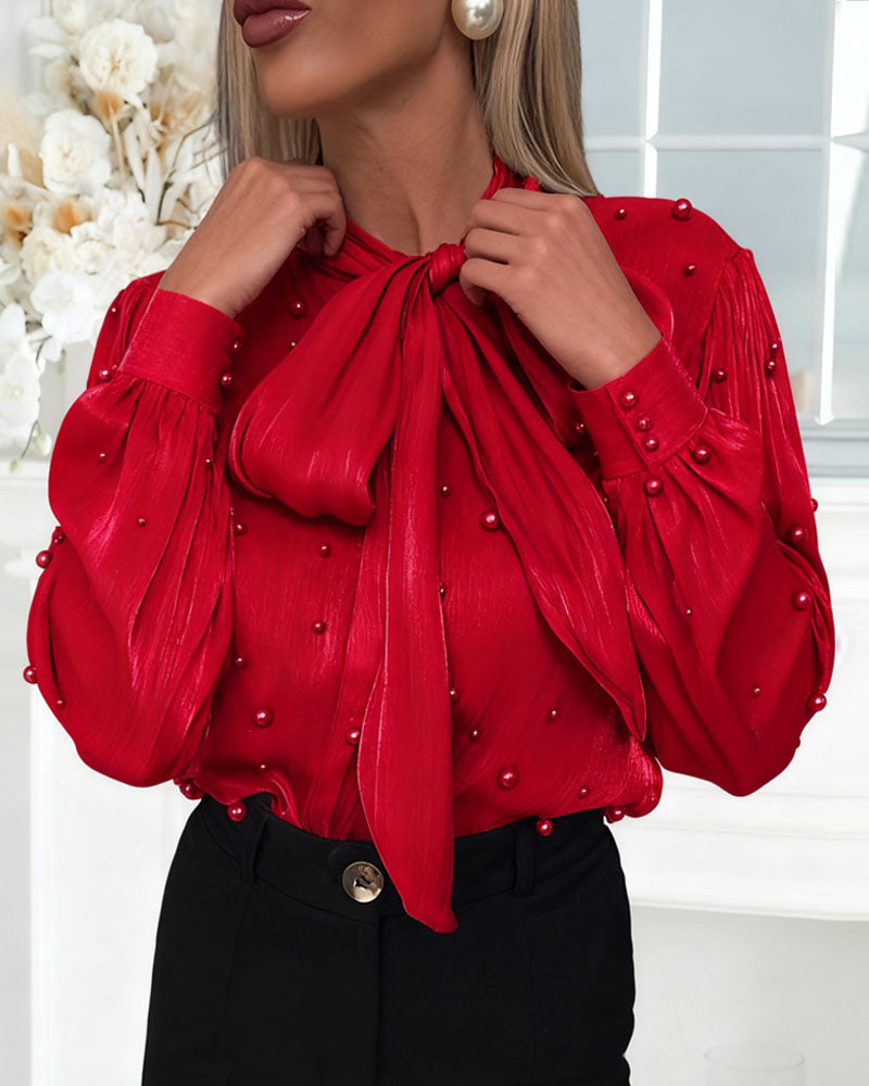 Emma - Pearl-Decorated Bow Tie Blouse