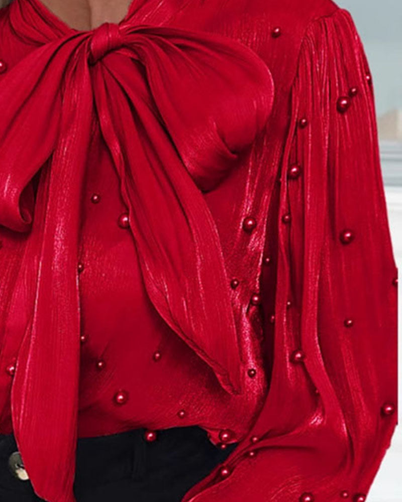 Emma - Pearl-Decorated Bow Tie Blouse